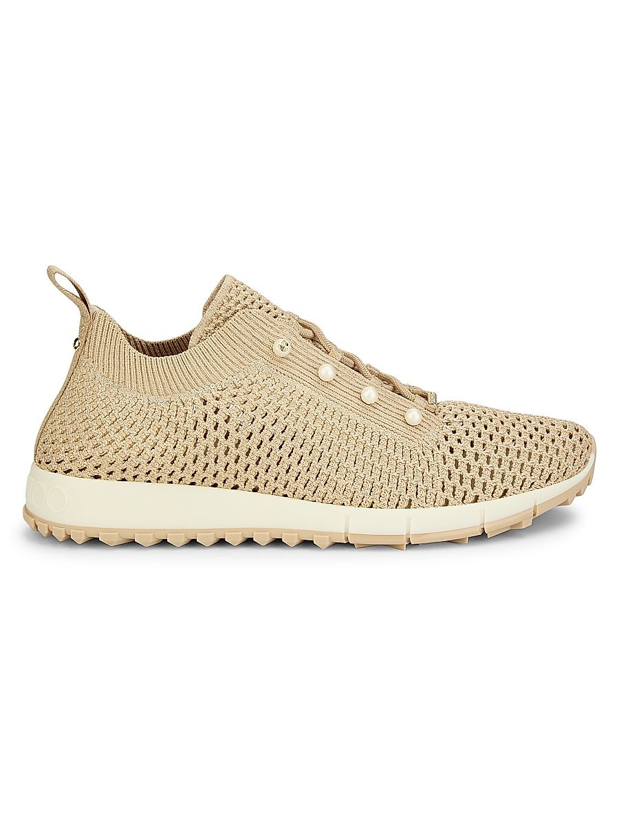Women's Veles Crochet Knit Pearl Embellished Low-Top Sneakers - Light Soft Gold - Size 6