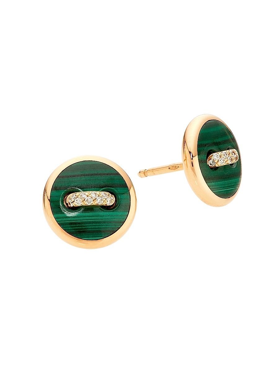 Women's Pom Pom Dot 18K Rose Gold, Malachite & 0.07 TCW Diamond Button Stud Earrings - Rose Gold
