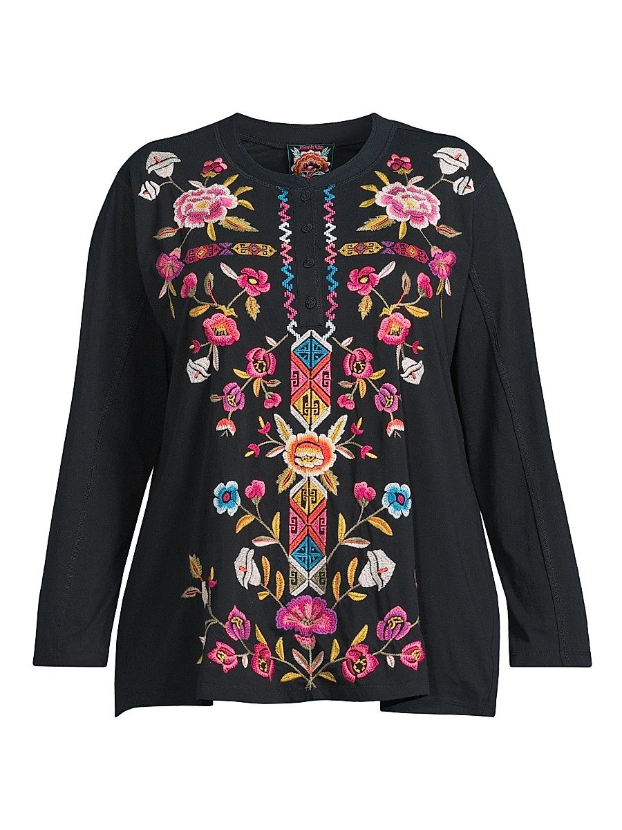 Women's Plus Anaya Embroidered Cotton Raw-Seam Henley - Black - Size 26