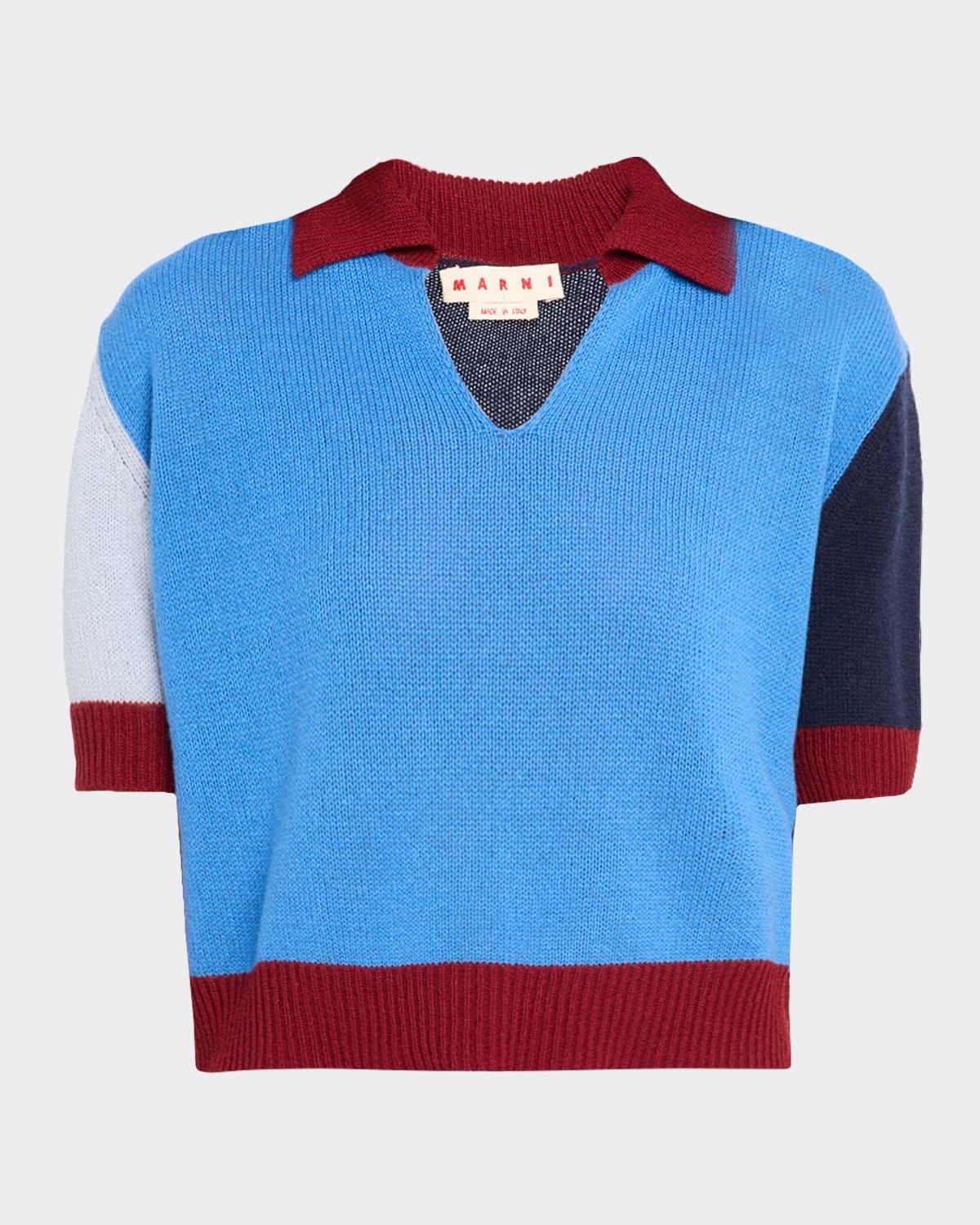 V-Neck Colorblock Crop Polo Sweater