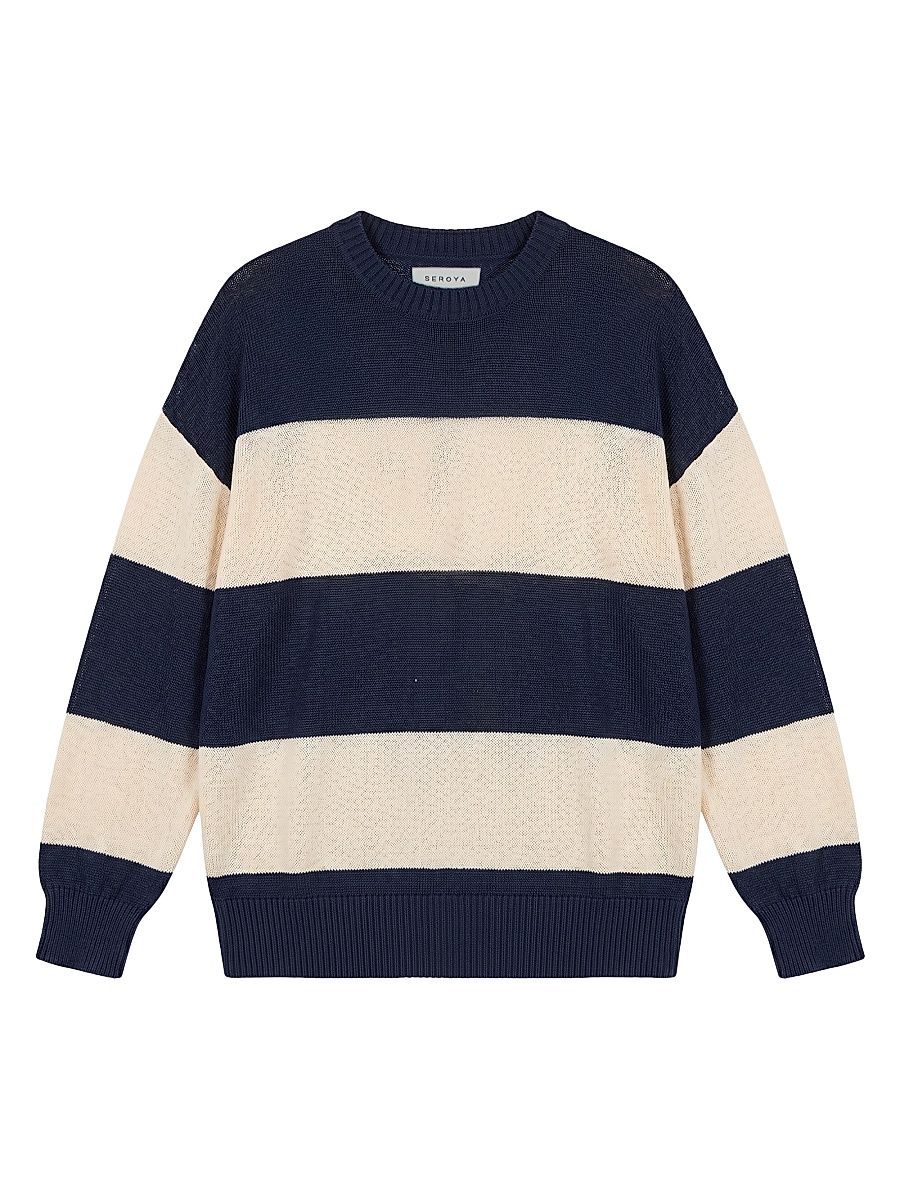 Women's Cassian Striped Linen-Cotton Blend Sweater - Navy Eggshell - Size Large