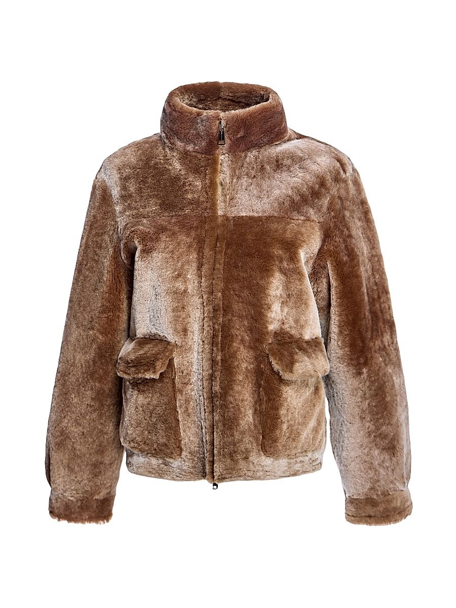 Women's Shearling Zipper Jacket - Bronze - Size Large