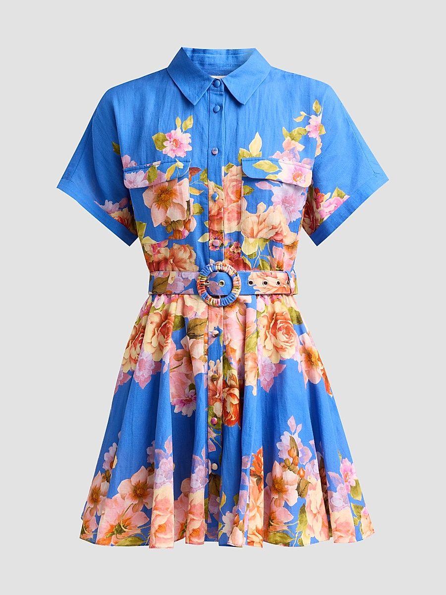 Women's Floral Linen-Cotton Belted Mini Shirtdress - Blue - Size Small