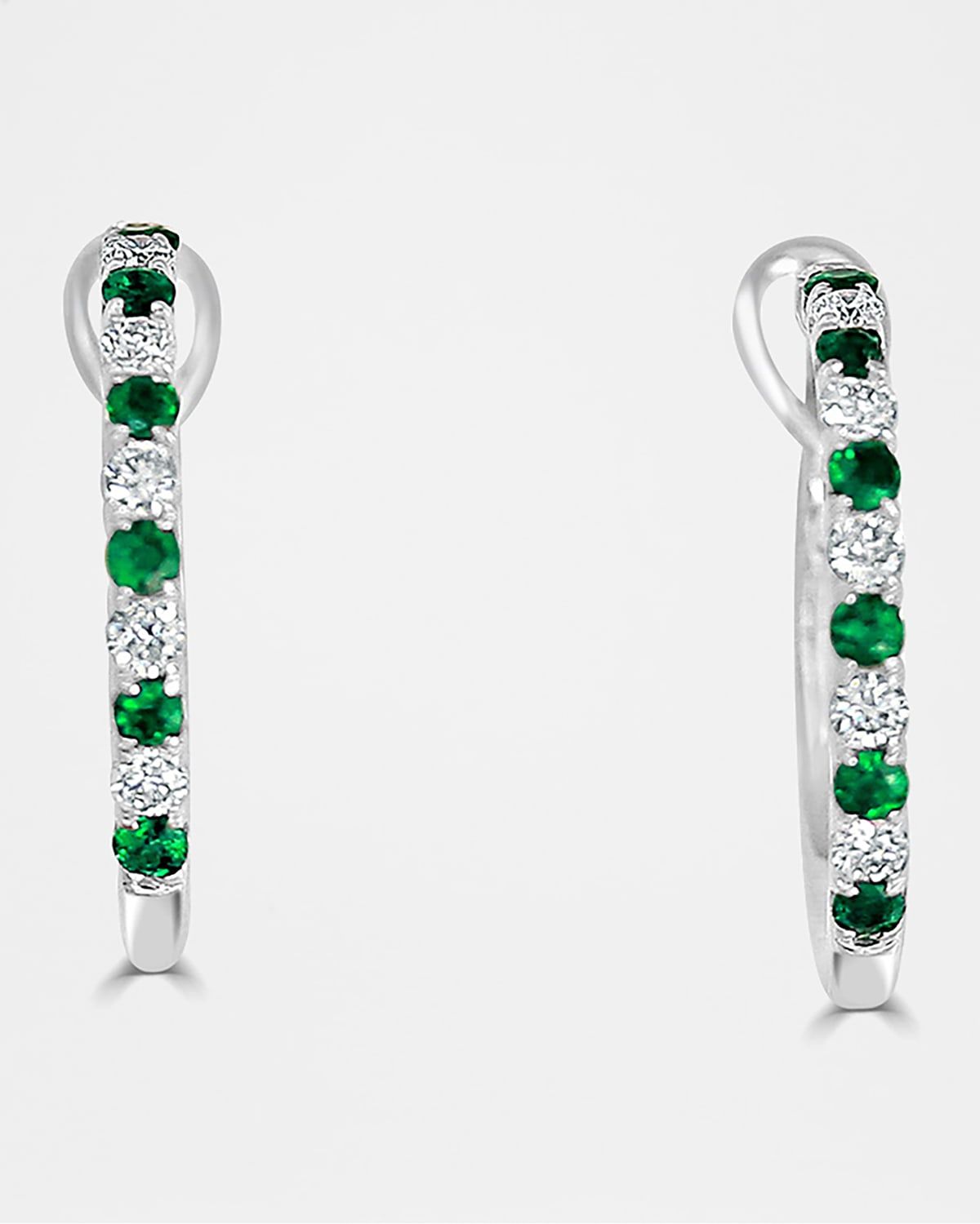 18k White Gold Diamond and Emerald Hoop Earrings