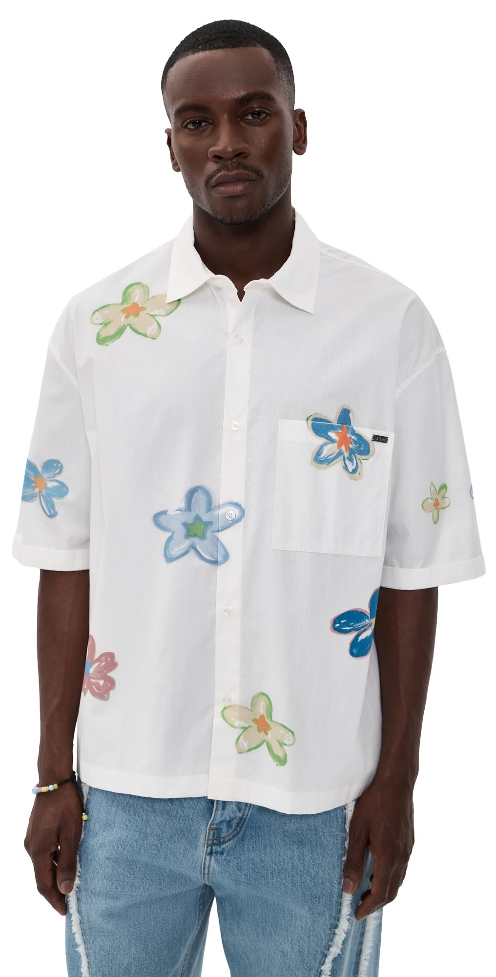 Nahmias Super Bloom Cropped Short Sleeve Shirt White Poplin XL