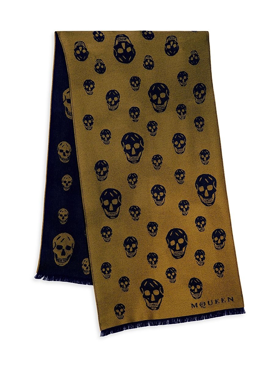 Women's Skull-Print Fringed Wool Scarf - Olive Black