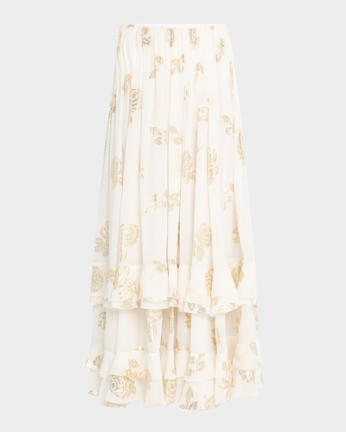 Metallic Floral Silk Tiered-Ruffle Maxi Skirt