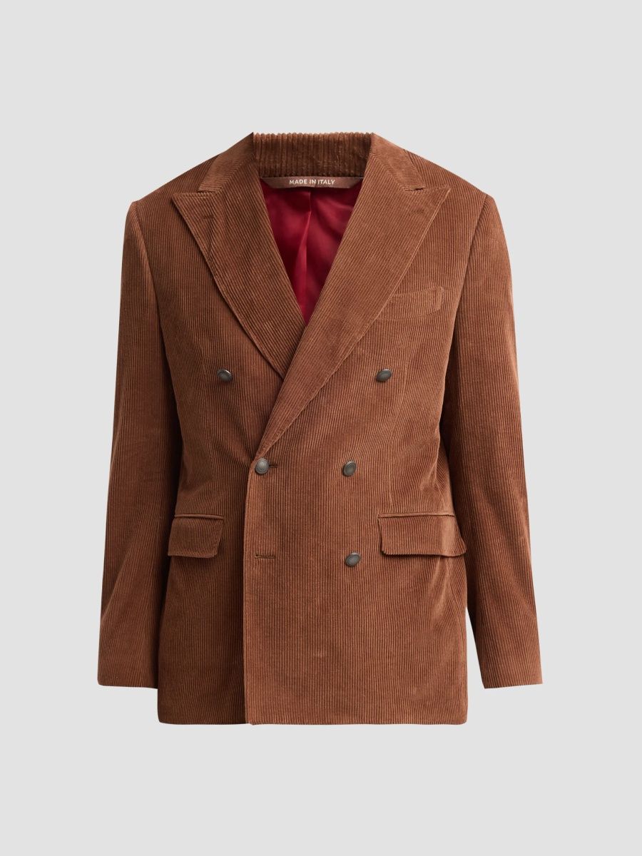 Canali Men's Velvet Corduroy Cotton Double-Breasted Jacket - Rust - Size 44