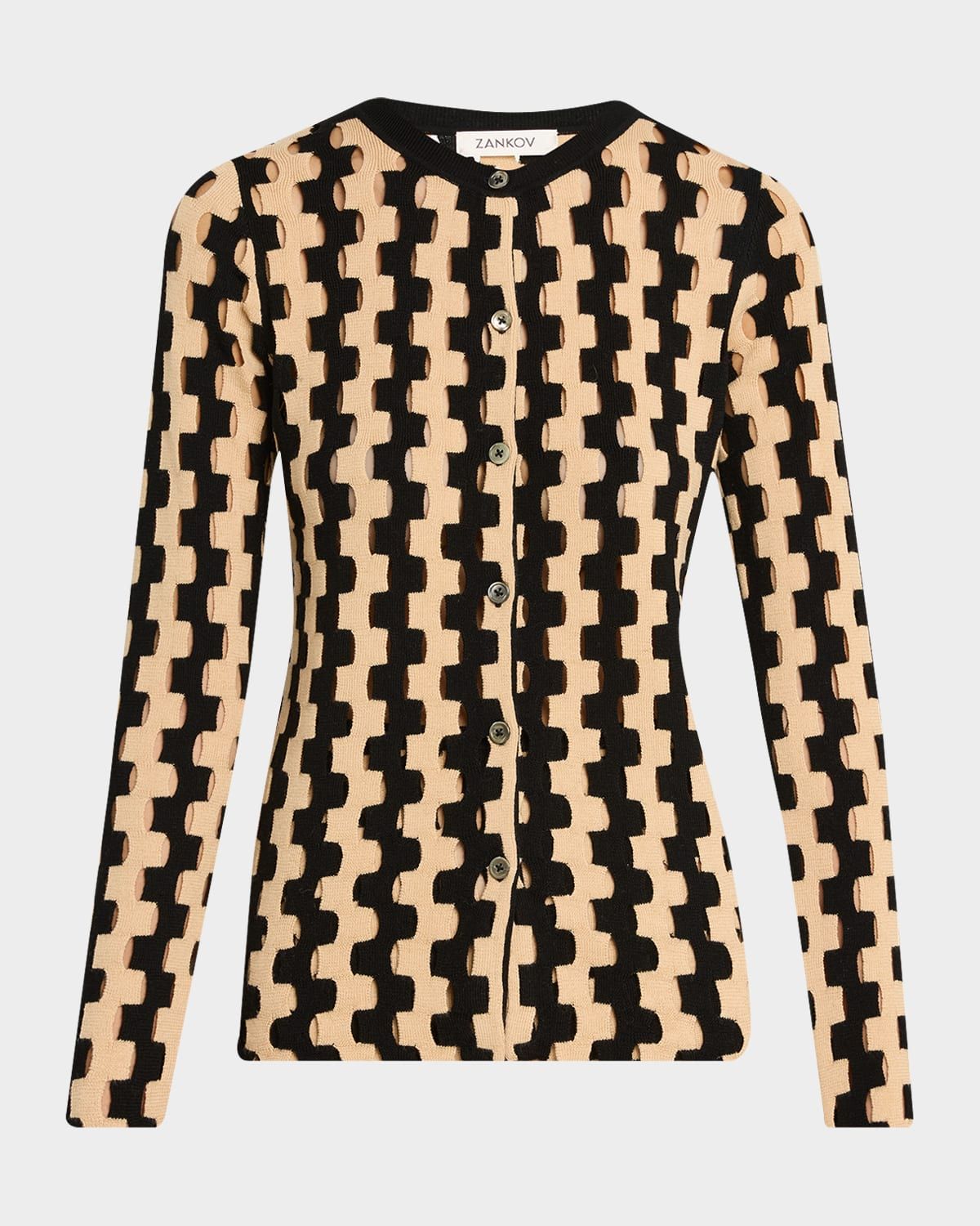 Bowery Zigzag Open-Knit Crewneck Cardigan