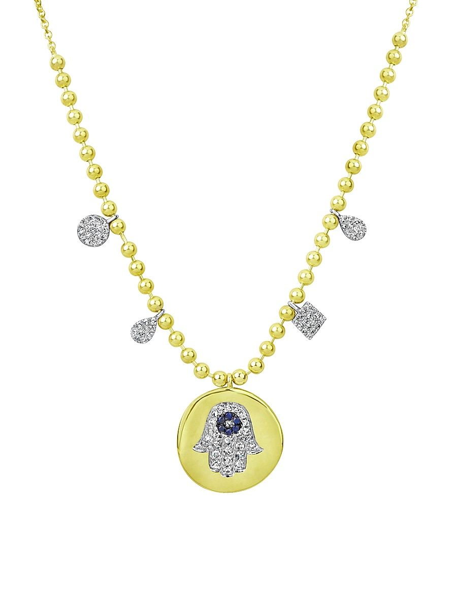 Women's Two-Tone 14K Gold, Diamond, & Sapphire Hamsa Pendant Necklace - Yellow Gold