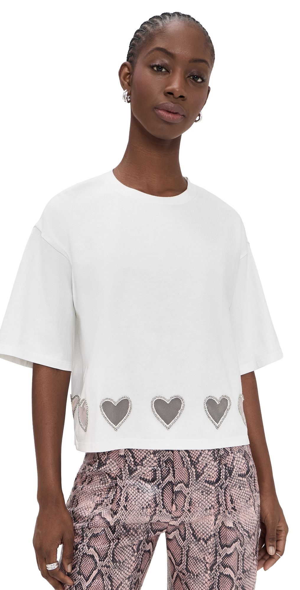 ALICE + OLIVIA Oversized Cropped Crystal Heart Tee Off White L