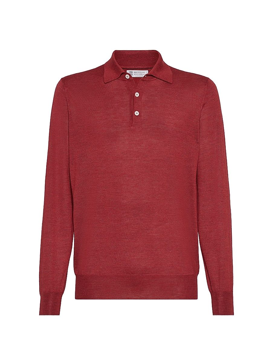 Men's Long-Sleeve Cashmere-Blend Polo Shirt - Red - Size 48