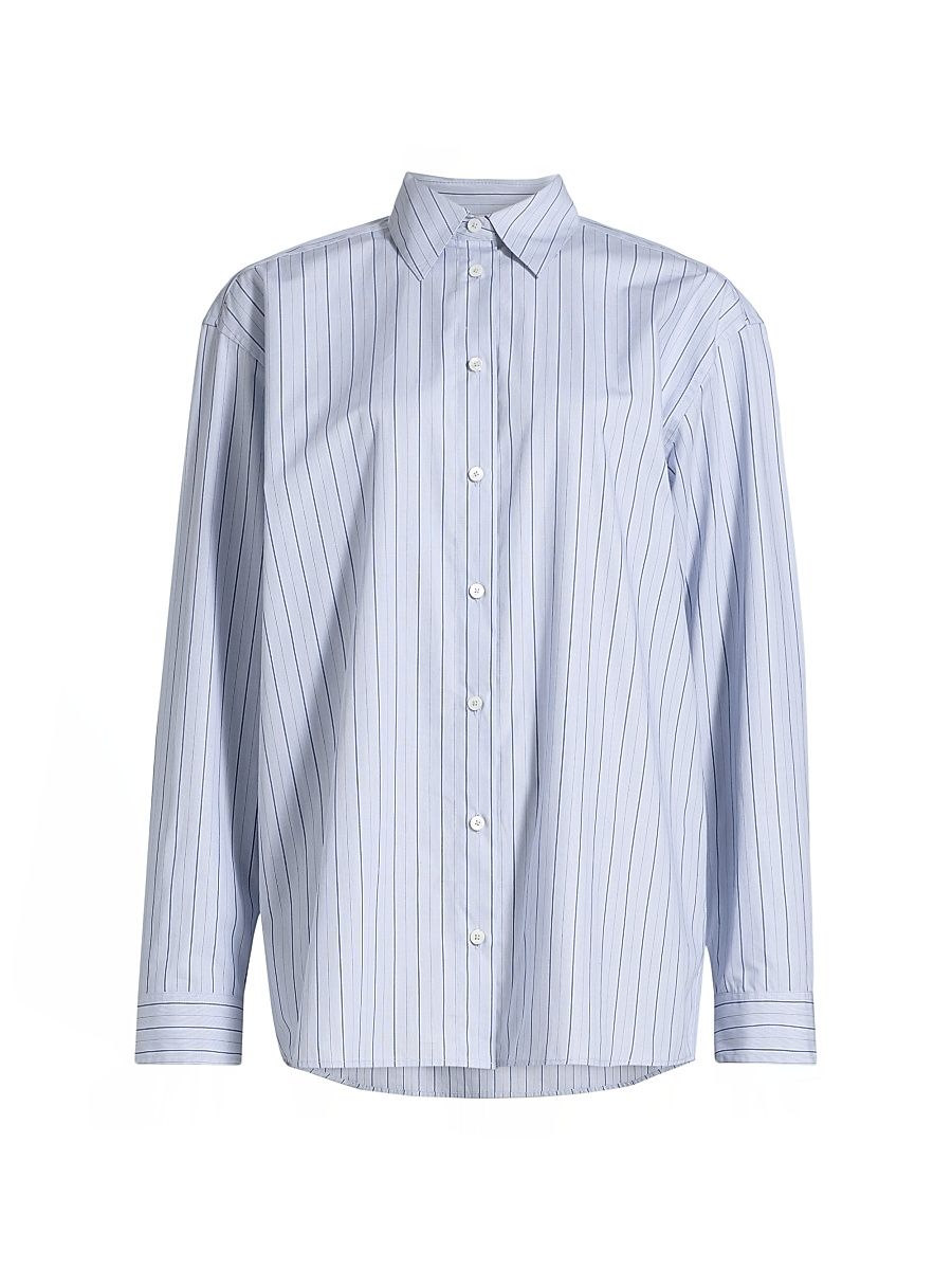Women's Oversized Classic Stripe Button-Front Shirt - Ice Azure - Size 12