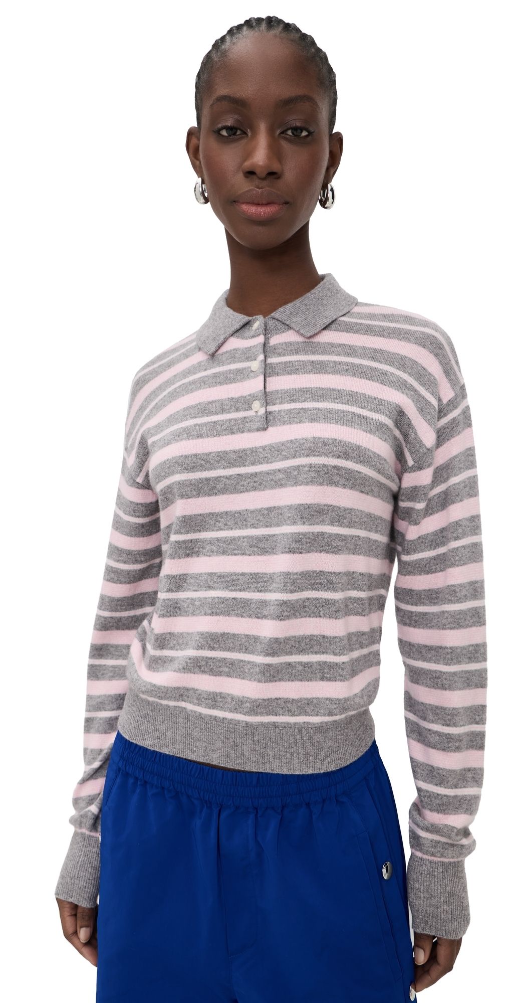Guest in Residence Collegiate Stripe Cashmere Polo Heather Grey Combo XL