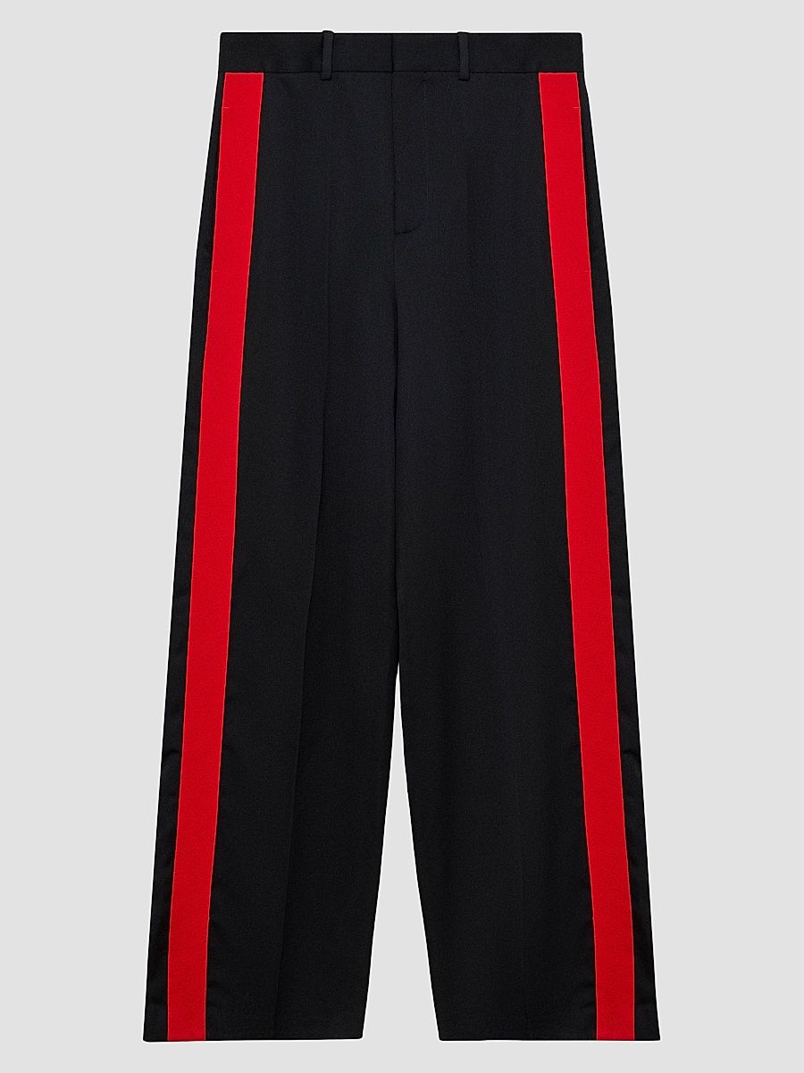 Men's Wool-Cotton Tuxedo-Stripe Trousers - Black Red - Size 32