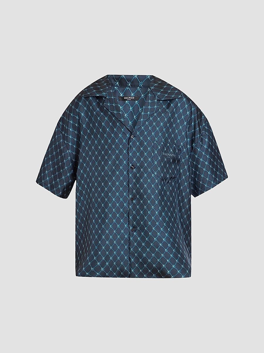 Balmain Men's Grid-Print Logo Camp Shirt - Bleu Nuit Bleu Ciel - Size XL