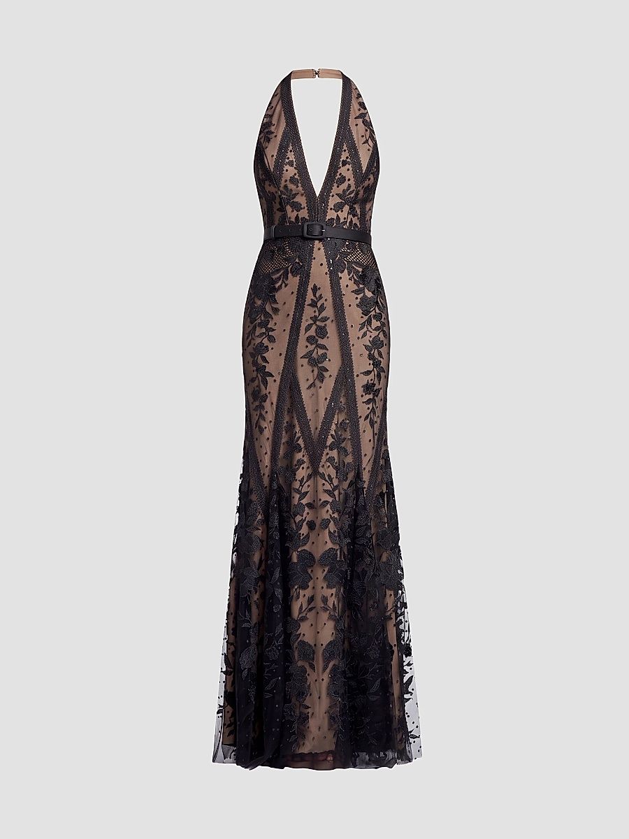 Women's Devin Floral Lace Halter Mermaid Maxi Dress - Black Beige - Size XXL
