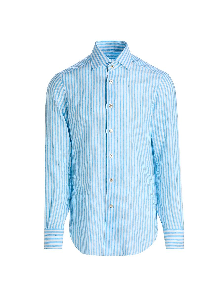 Men's Bengal Striped Linen Button-Front Shirt - Turquoise - Size 16