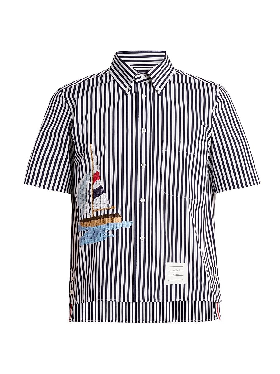 Men's Sailboat-Embroidered Uni Wide Striped Poplin Shirt - Navy - Size Small