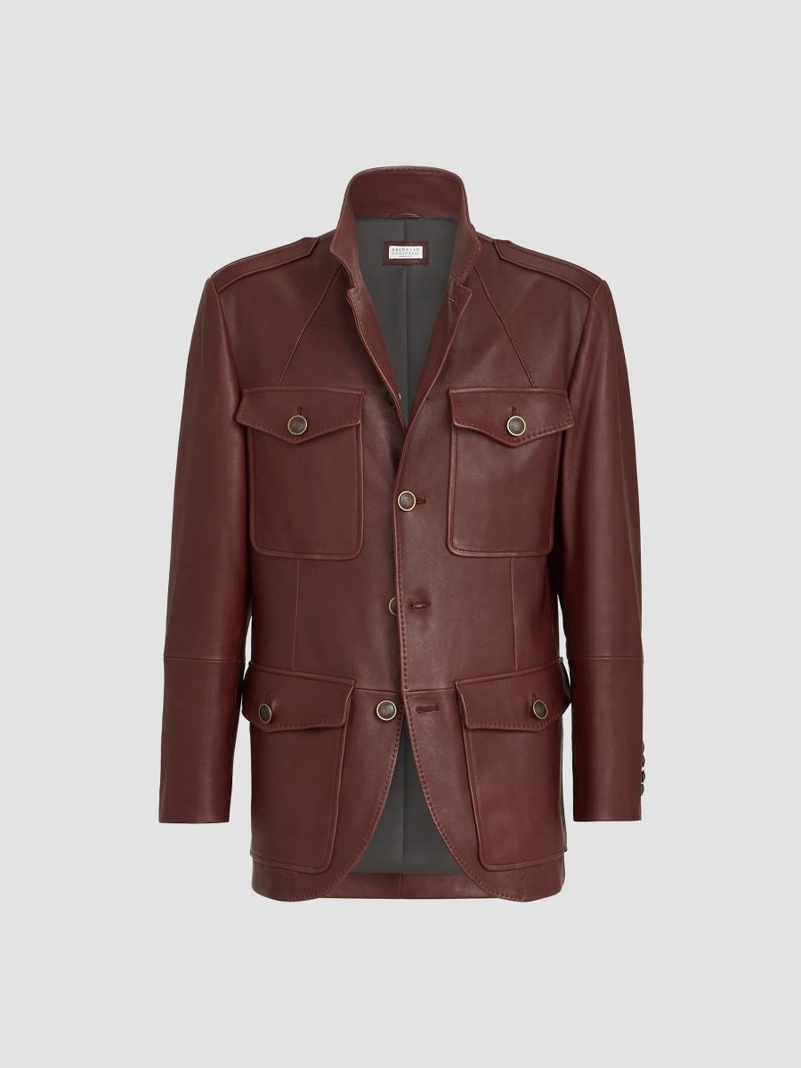Brunello Cucinelli Men's Polished Nappa Leather Utility Blazer Jacket - Bordeaux - Size XL