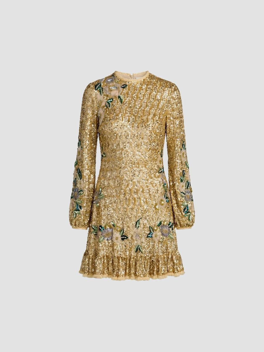 Mac Duggal Women's Floral-Beaded Mesh A-Line Mini Dress - Gold Multi - Size 12