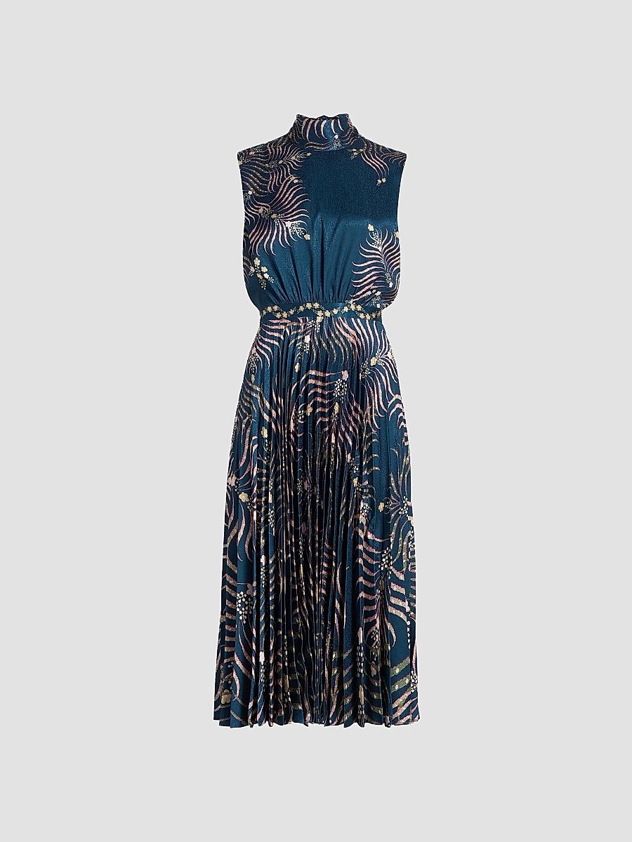 Women's Fleur Pleated Satin Midi Dress - Palm Trellis Placement - Size 0
