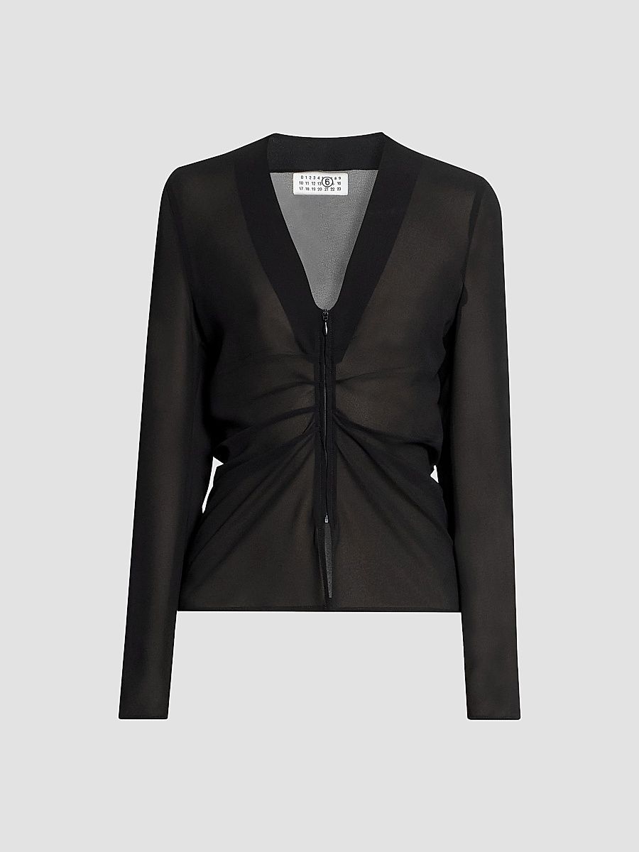 Women's Chiffon Gathered Zip-Front Top - Black - Size 8