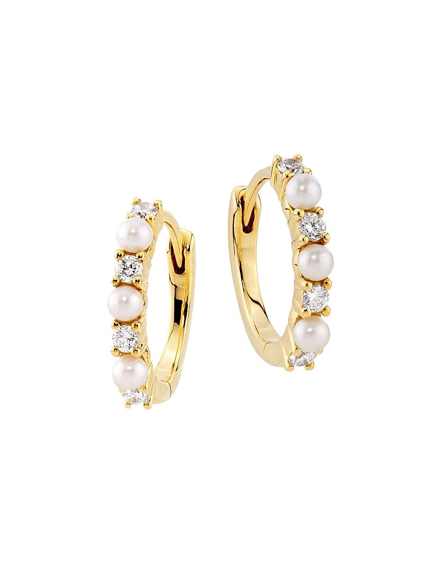 Women's 14K Yellow Gold, Cultured Freshwater Pearl & 0.14 TCW Diamond Huggie Hoop Earrings - Gold