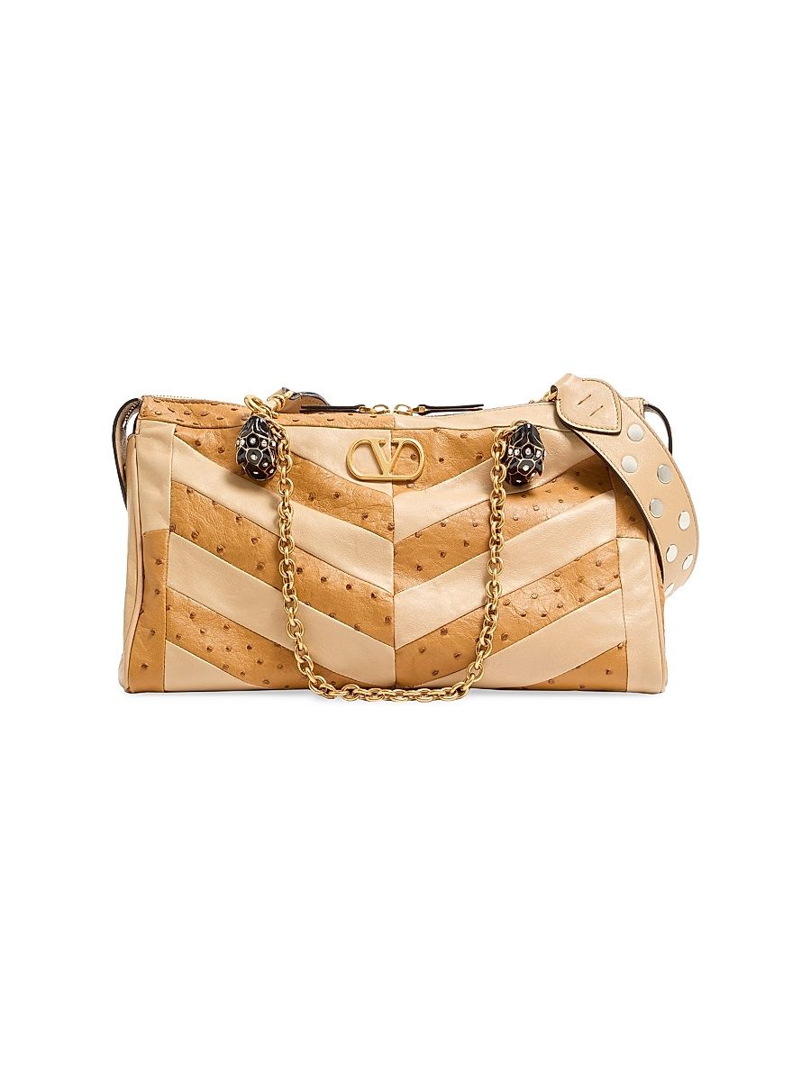 Women's Panthea Medium Shoulder Bag in Ostrich and Nappa Leather - Tobacco Gold Beige