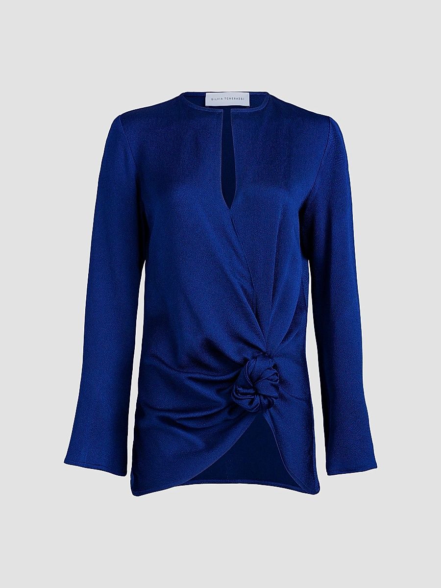Silvia Tcherassi Women's Tayra Knotted Keyhole Blouse - Navy - Size XL