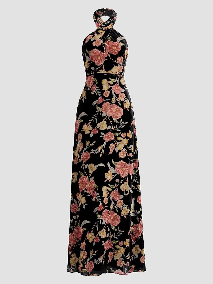 Women's Brighton Velvet Floral Halterneck Maxi Dress - Black Multi - Size XXL