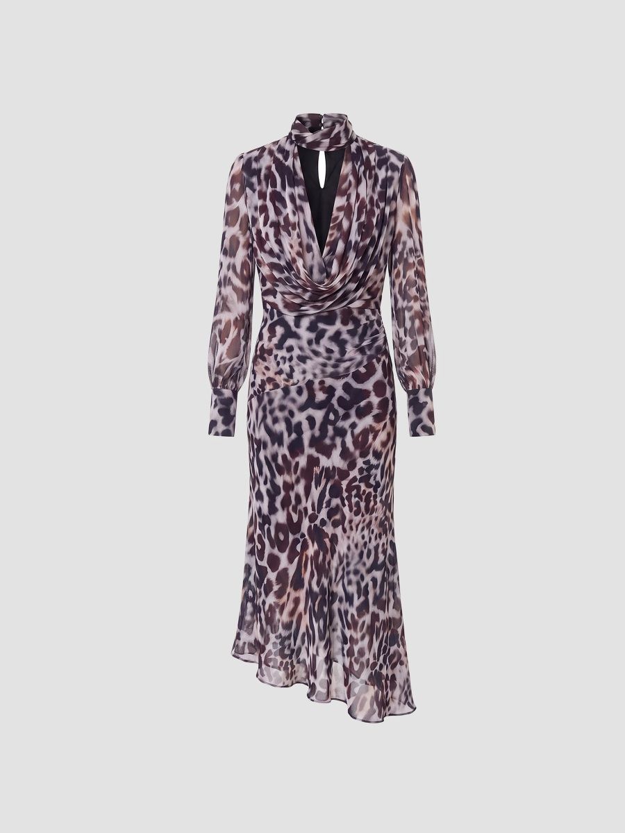 Nicholas the Label Women's Alessia Double-Layer Cowlneck Midi Dress - Bordeaux Leopard - Size 0