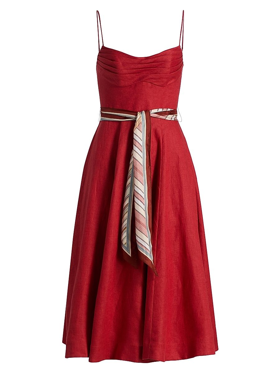 Women's Rebellion Tie-Waist Linen Midi-Dress - Red - Size 8