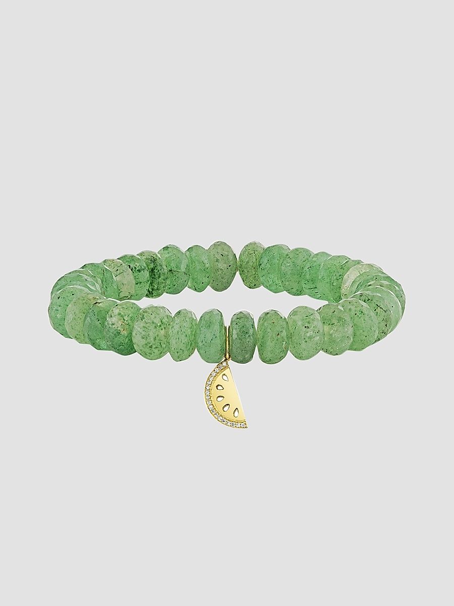 Women's 14K Yellow Gold, Green Quartz & 0.05 TCW Diamond Beaded Stretch Bracelet - Green
