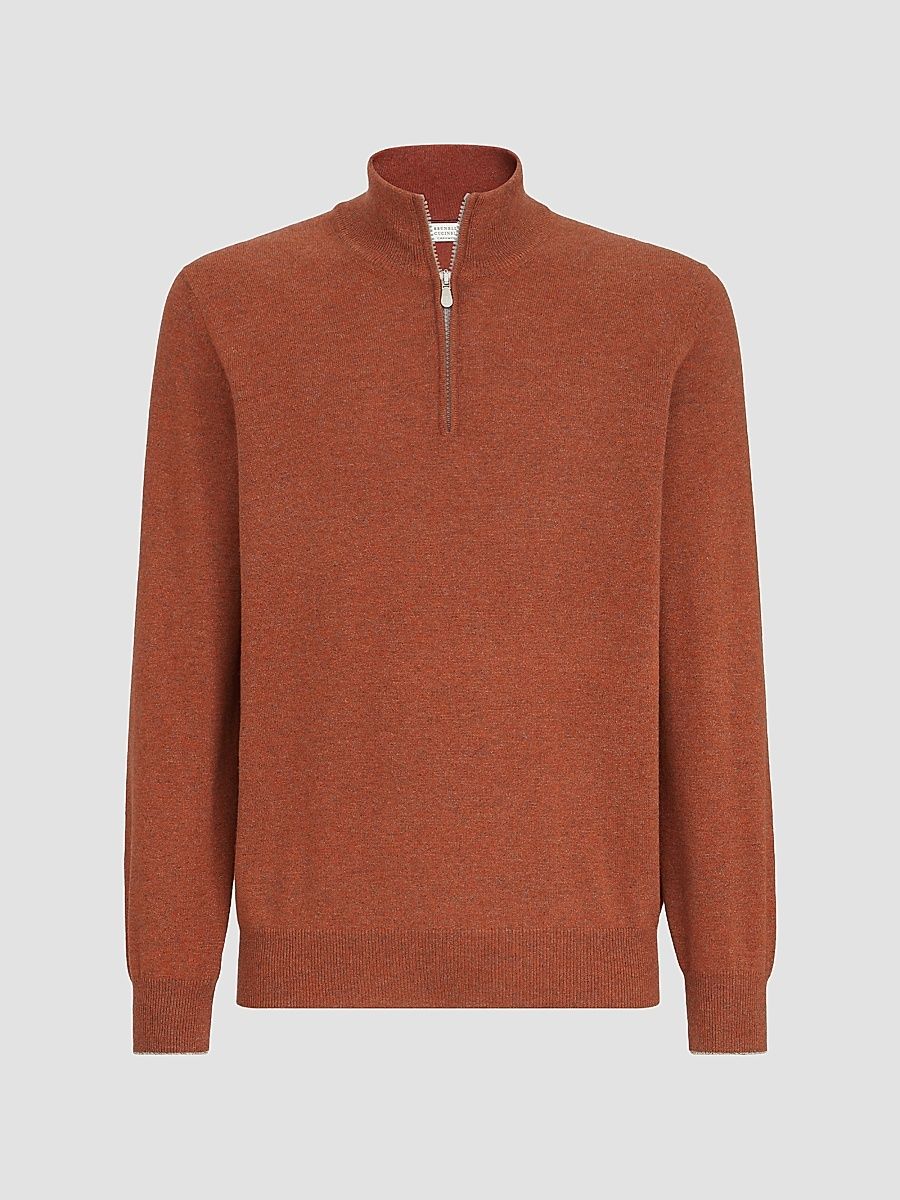 Men's Mouliné Cashmere Sweater with Half Zip - Orange - Size 52
