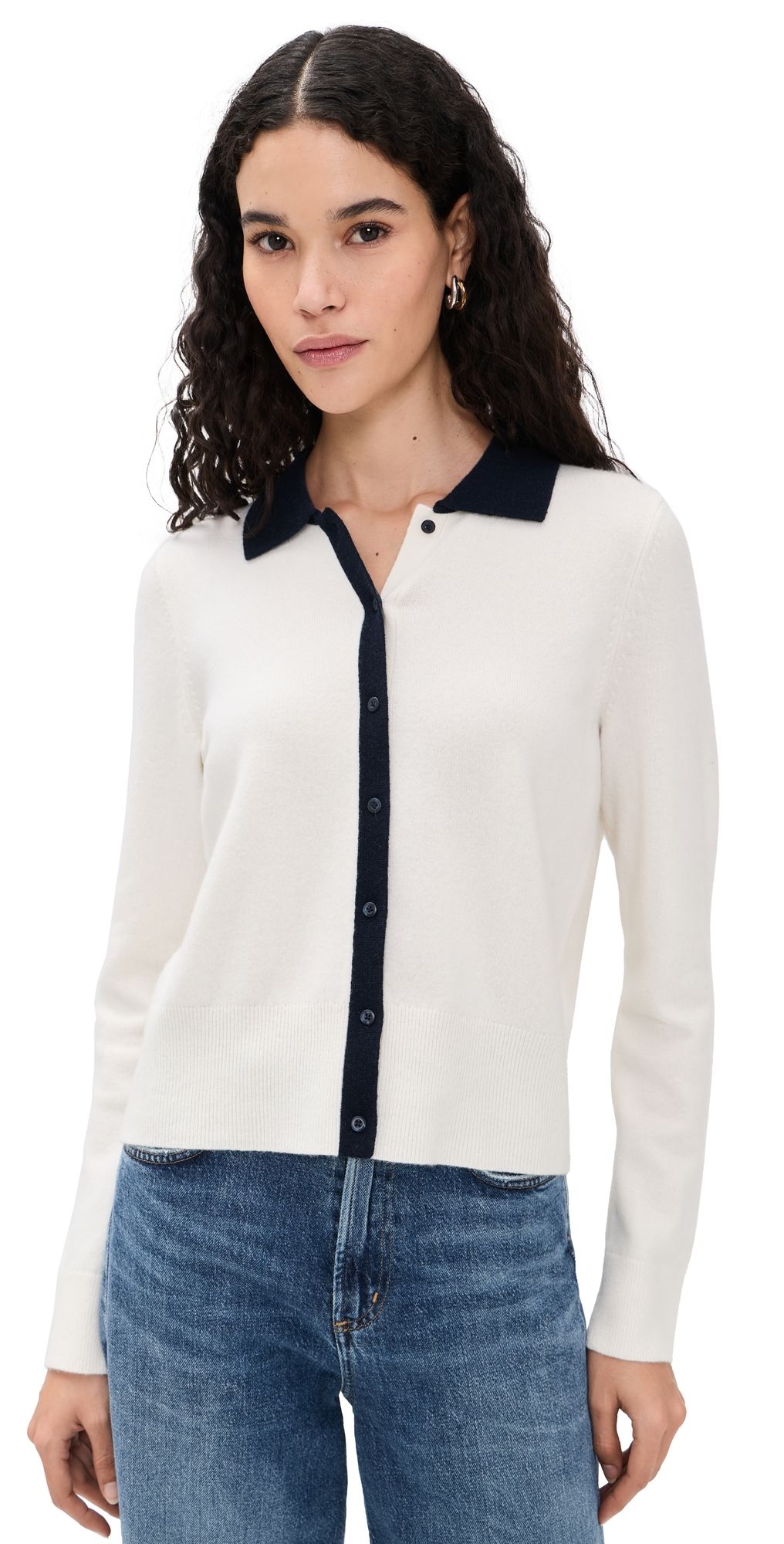 Vince Cashmere Blend Contrast Collared Cardigan Off White/Coastal XS