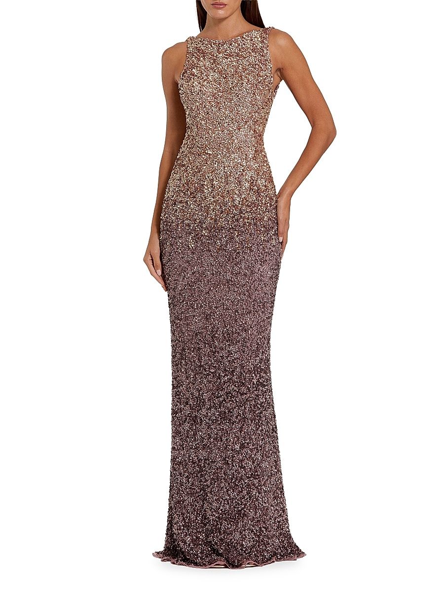 Women's Ombré Sequin Mesh Open-Back Gown - Gold Amethyst - Size 4