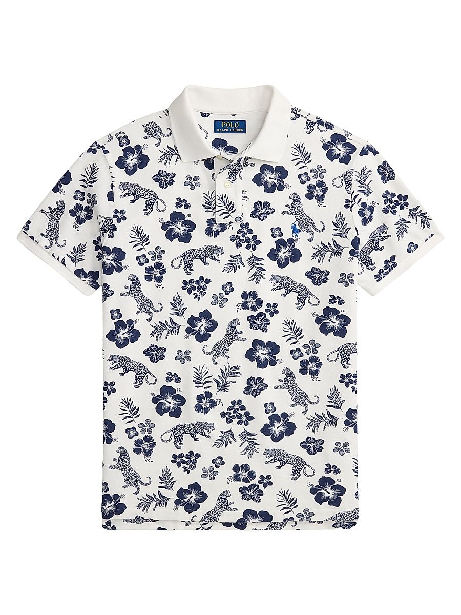 Men's Tropical-Print Mesh-Knit Cotton Polo Shirt - Jaguar Tropical White - Size Large
