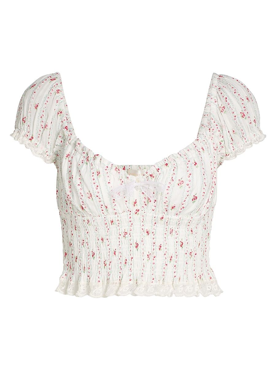 Women's Daini Floral Smocked Cotton Crop Top - Poppy Red - Size Large