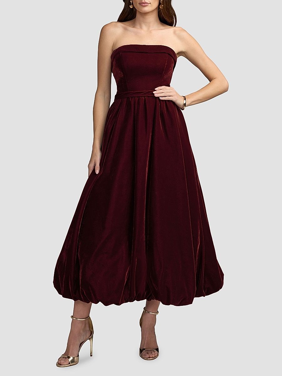 Women's Velvet Strapless Bubble Hem Midi Dress - Wine - Size 2