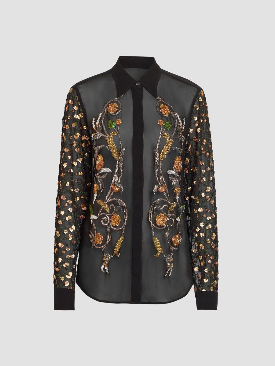 Dries Van Noten Women's Chowy Floral Embellished Sheer Shirt - Black - Size 4