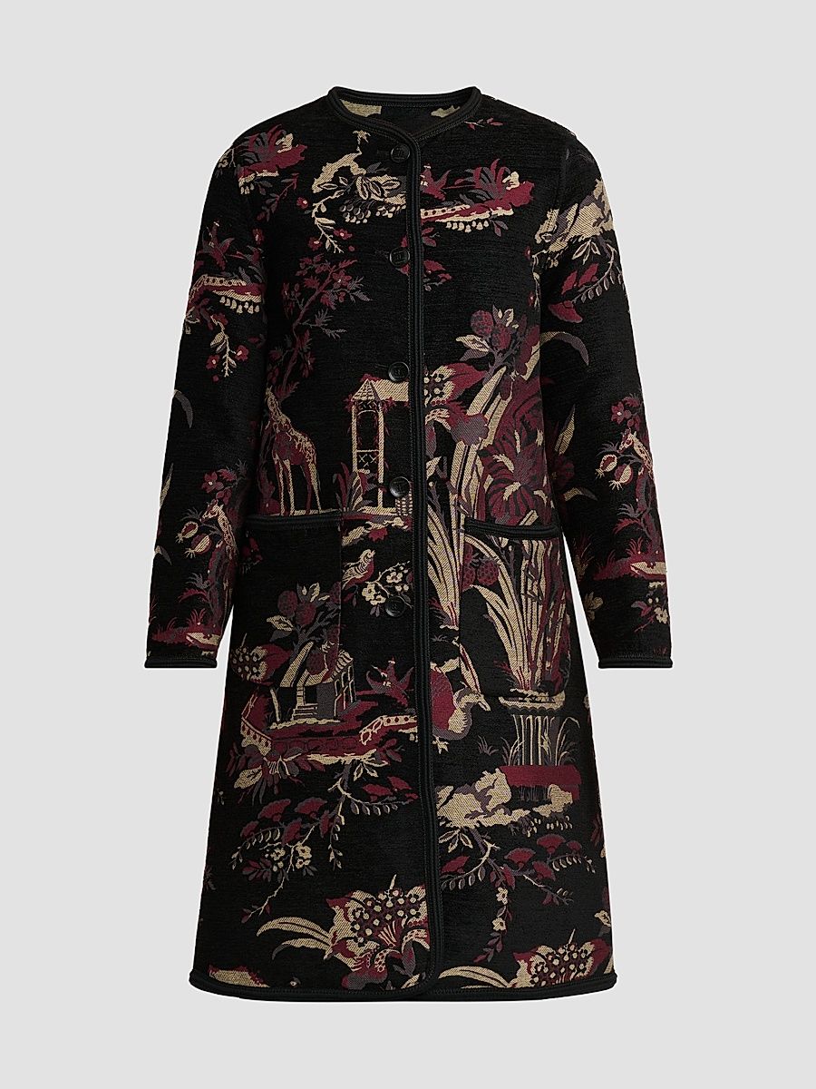 Women's Jacquard Collarless Coat - Multicolor Black Base - Size 12