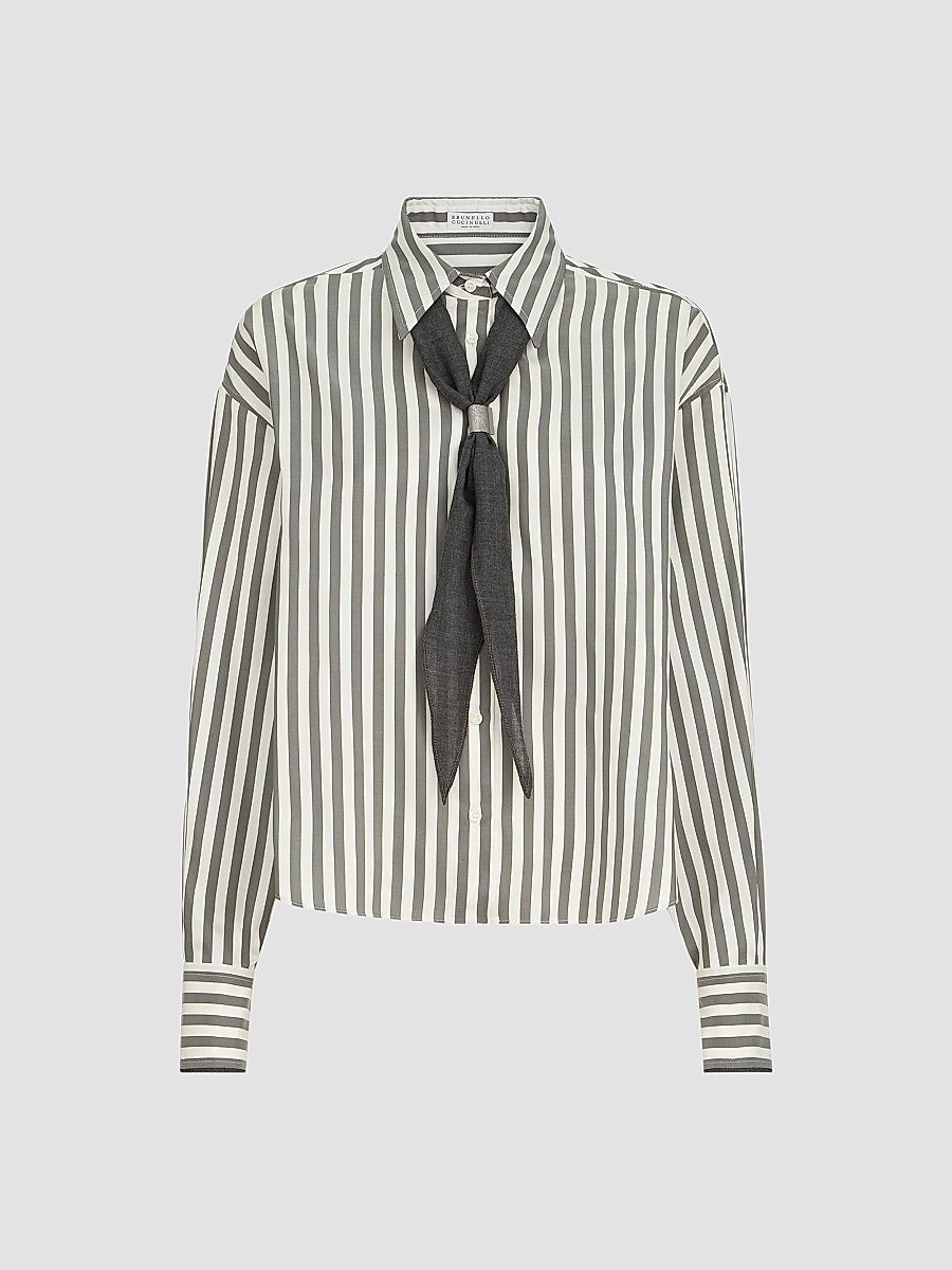 Women's Striped Silk Poplin Shirt with Virgin Wool Foulard - Green - Size Medium