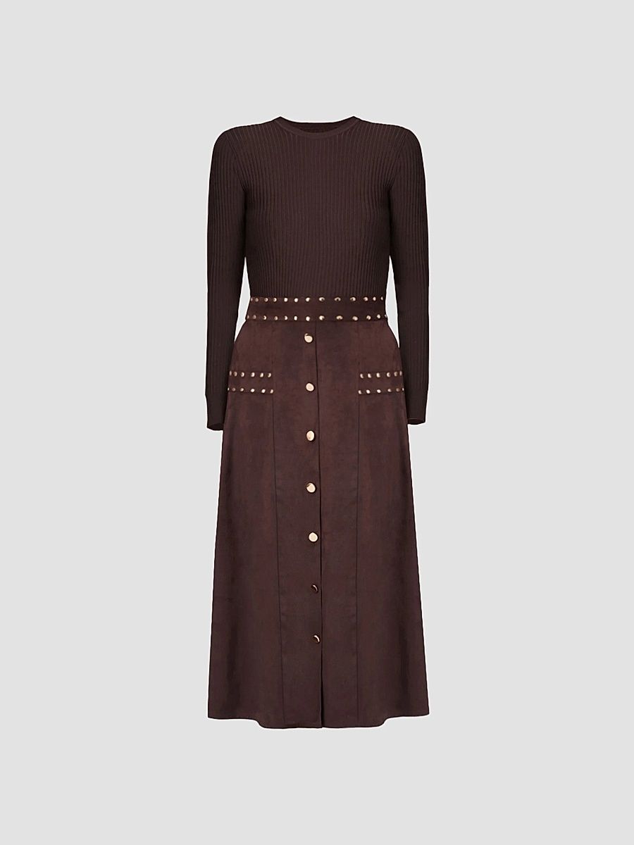 Shoshanna Women's Cleo Knit & Faux Suede Midi Dress - Chocolate - Size XL