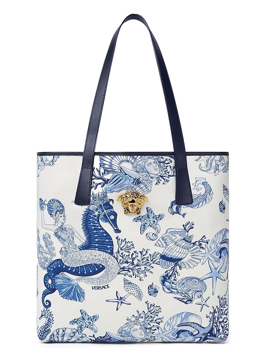 Women's Canvas Foulard Print Tote Bag - White Bright Blue