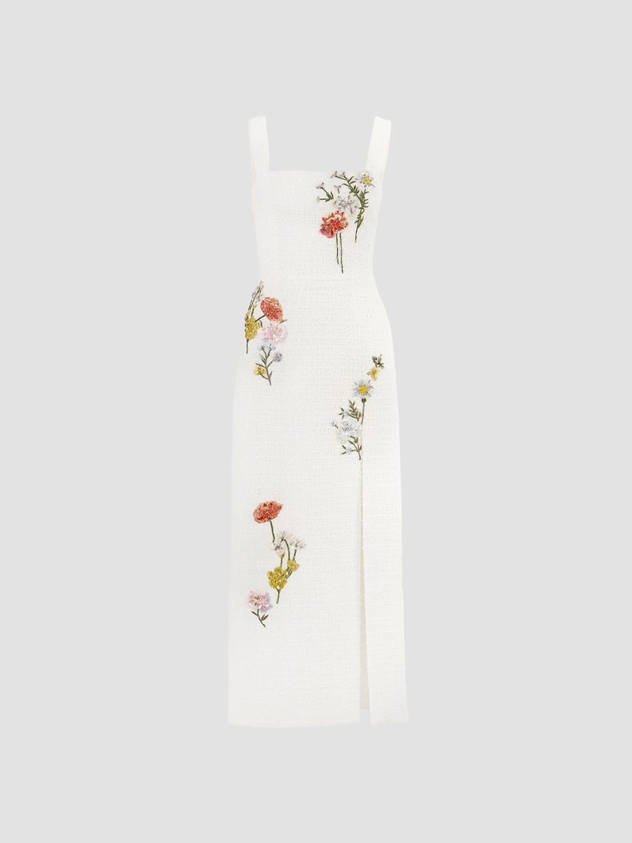 Carolina Herrera Women's Floral-Embellished Boucle Square-Neck Midi Dress - Pearl - Size 14