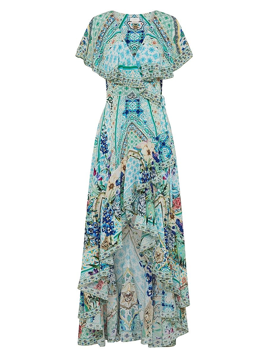 Women's Frill-Sleeve Silk Maxi Dress - Sunrise In Sintra - Size XS