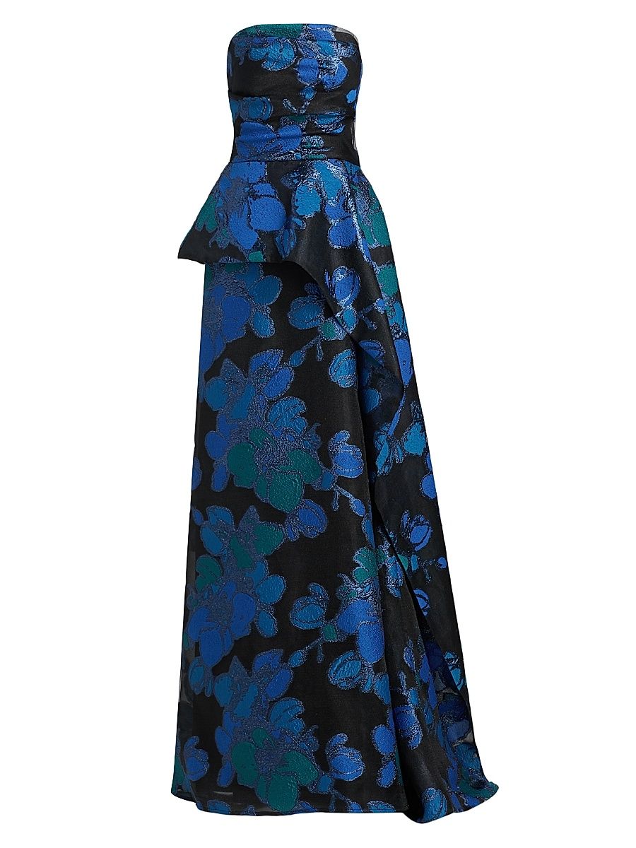 Women's Floral Jacquard Peplum Strapless Gown - Royal Multi - Size 18