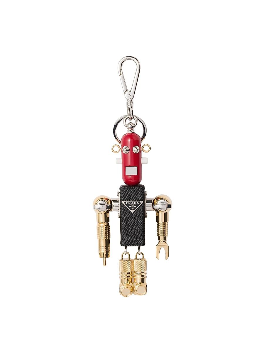 Women's Robot Saffiano Leather Key Ring Charm - Black
