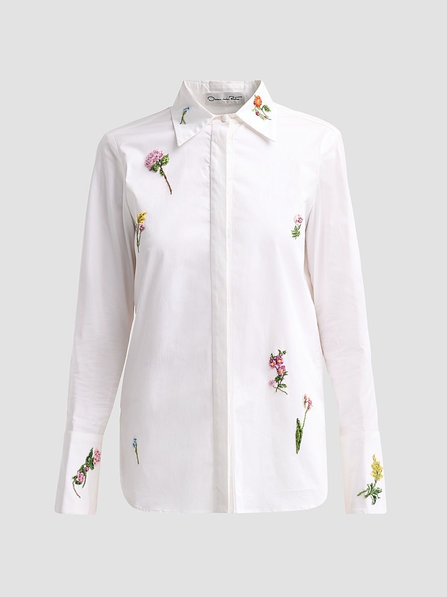 Women's Botanical Embroidered Stretch Cotton Twill Blouse - White - Size 16